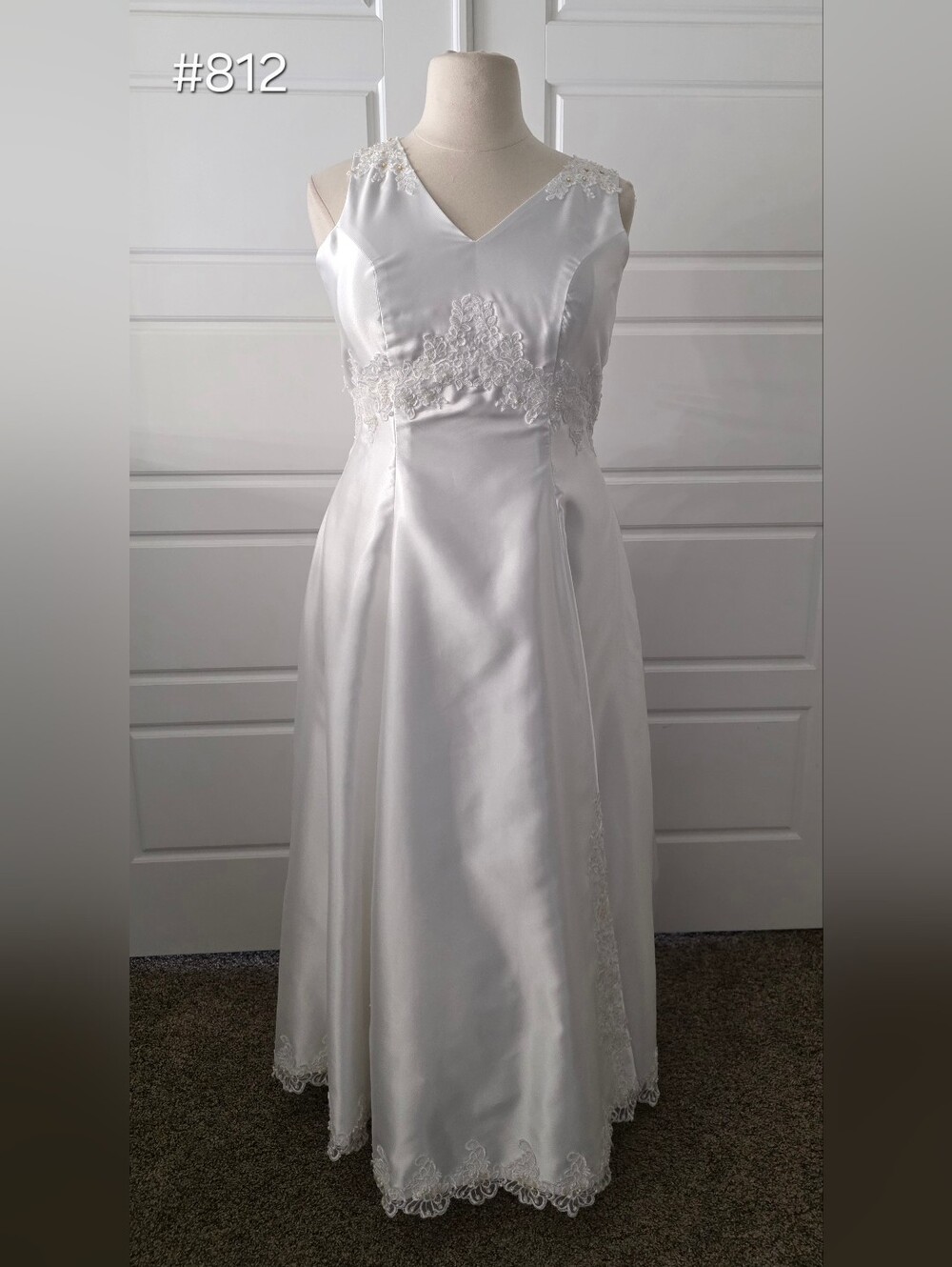 White Satin Sleeveless Wedding Dress with Lace Accents